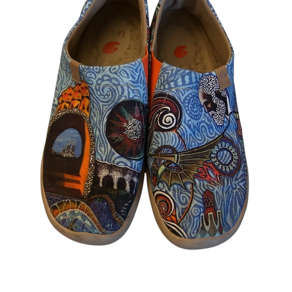 UIN Blue Multi-Pattern Slip-On Loafers with Orange Accents